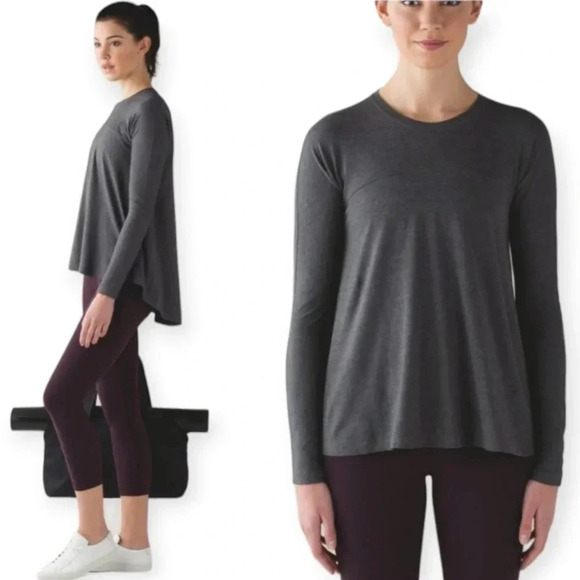 Lululemon Acadia Gray Long Sleeve Pima Cotton Hi Low Flare Hem Small - Picture 1 of 15